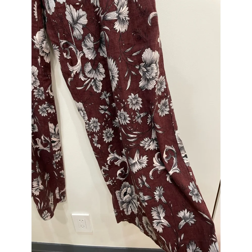 Anthropologie Dark Floral Trouser Pants 8 Linen Blend Brown Wide Leg Boho - Picture 3 of 11